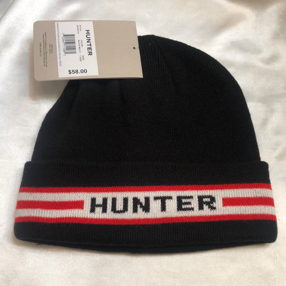 Hunter Branded Striped Cuffed Beanie Hat Color Black Multi One Size NWT